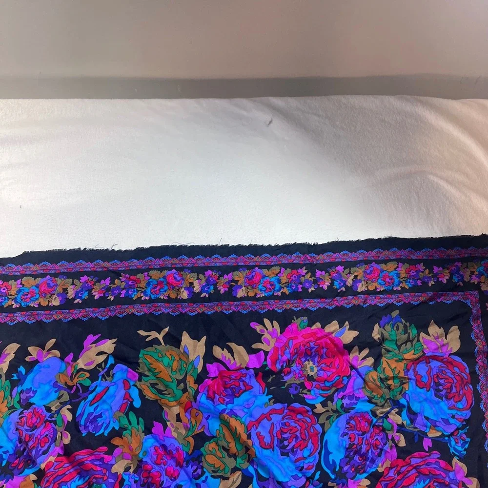 Vintage Floral Square Scarf Black Blue Pink Rose Print Large 34x34 Retro Shawl